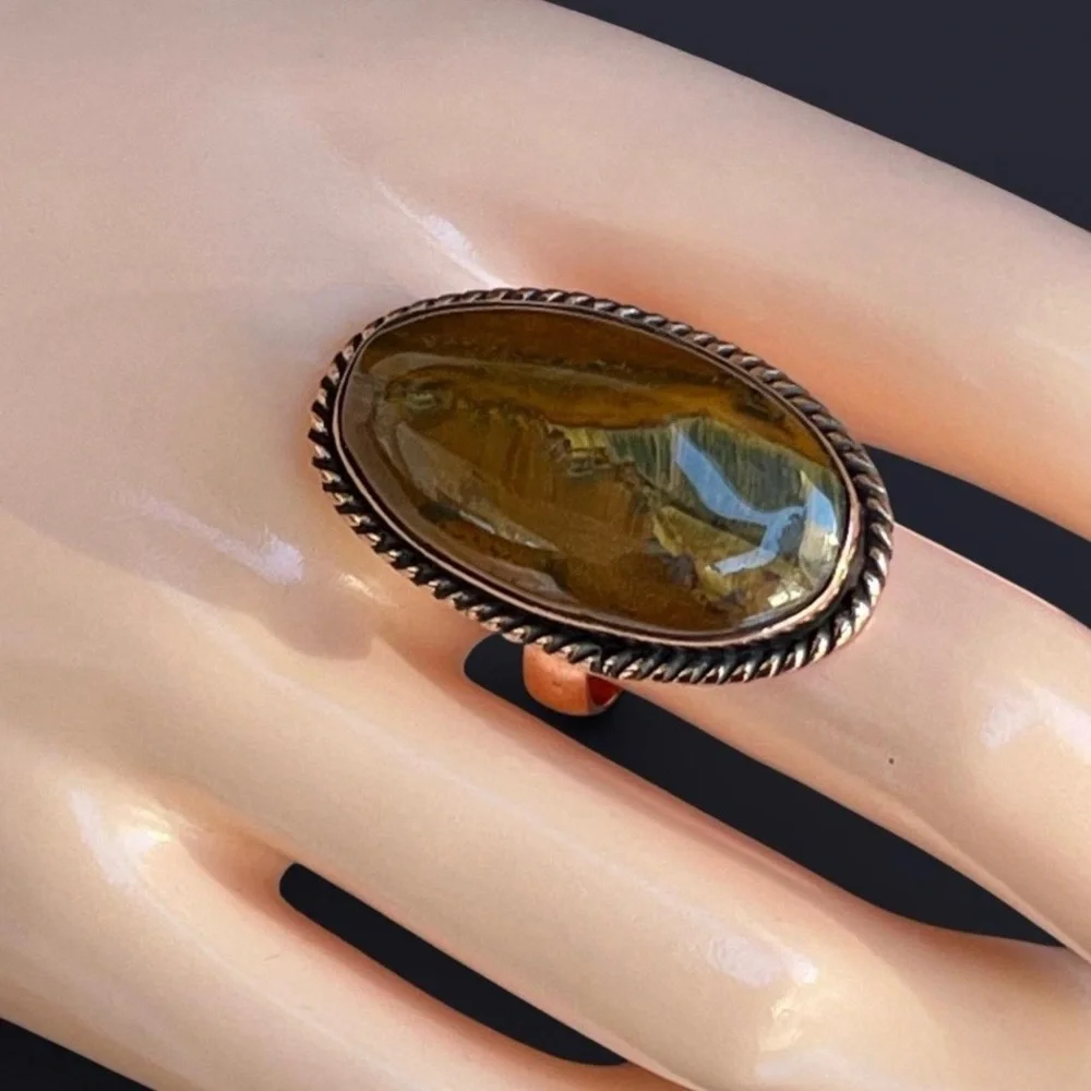 Natural Tiger’s Eye Copper Twisted Rope Ring Sz 10